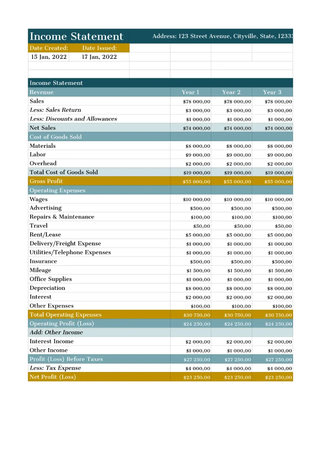 Income Statment template for Google Sheets