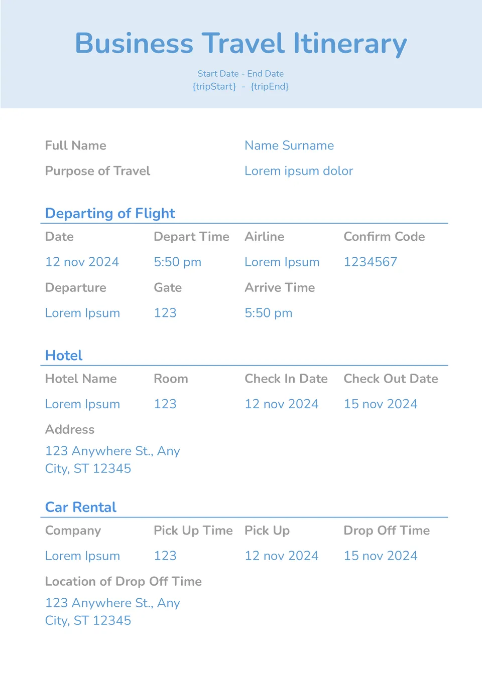 Business Travel Itinerary Template